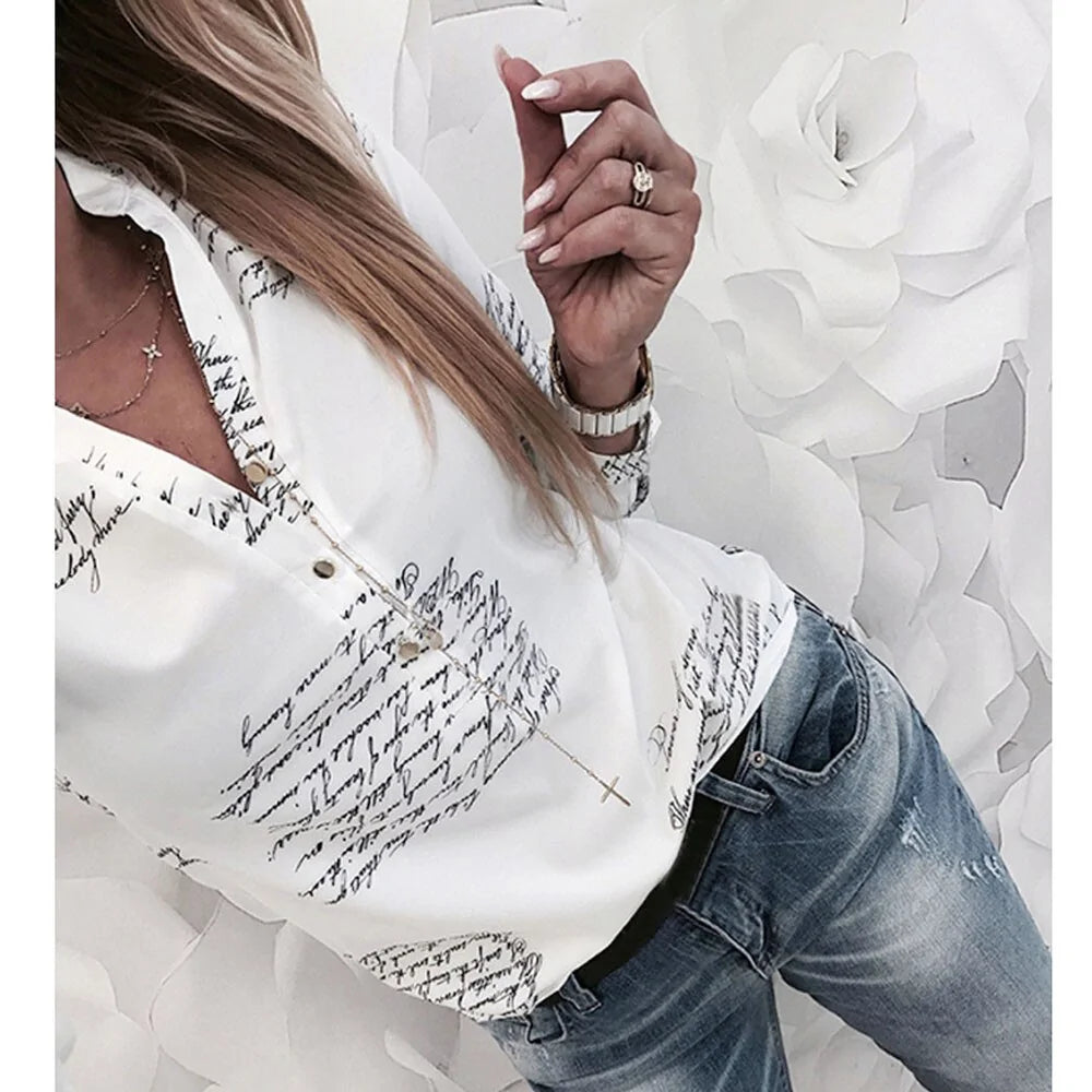 Women's Printed V-neck Button Blouse