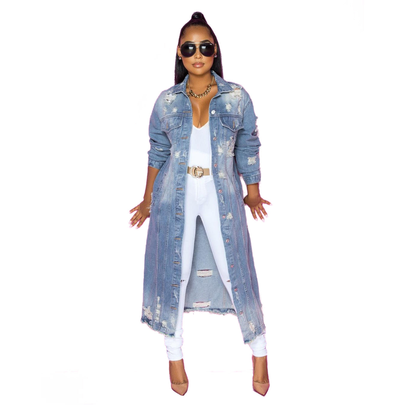 Long Cowboy Distressed Denim Jacket