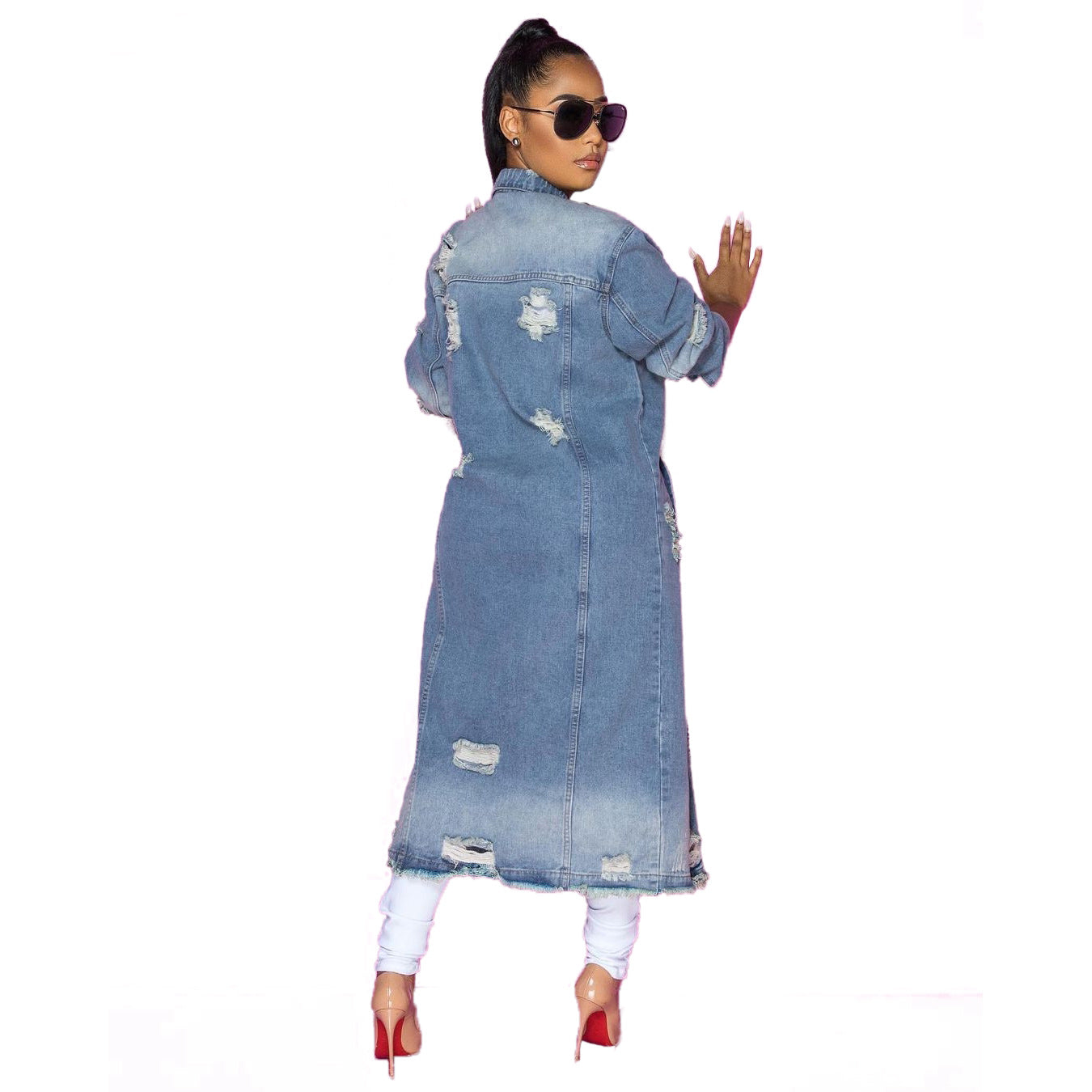 Long Cowboy Distressed Denim Jacket