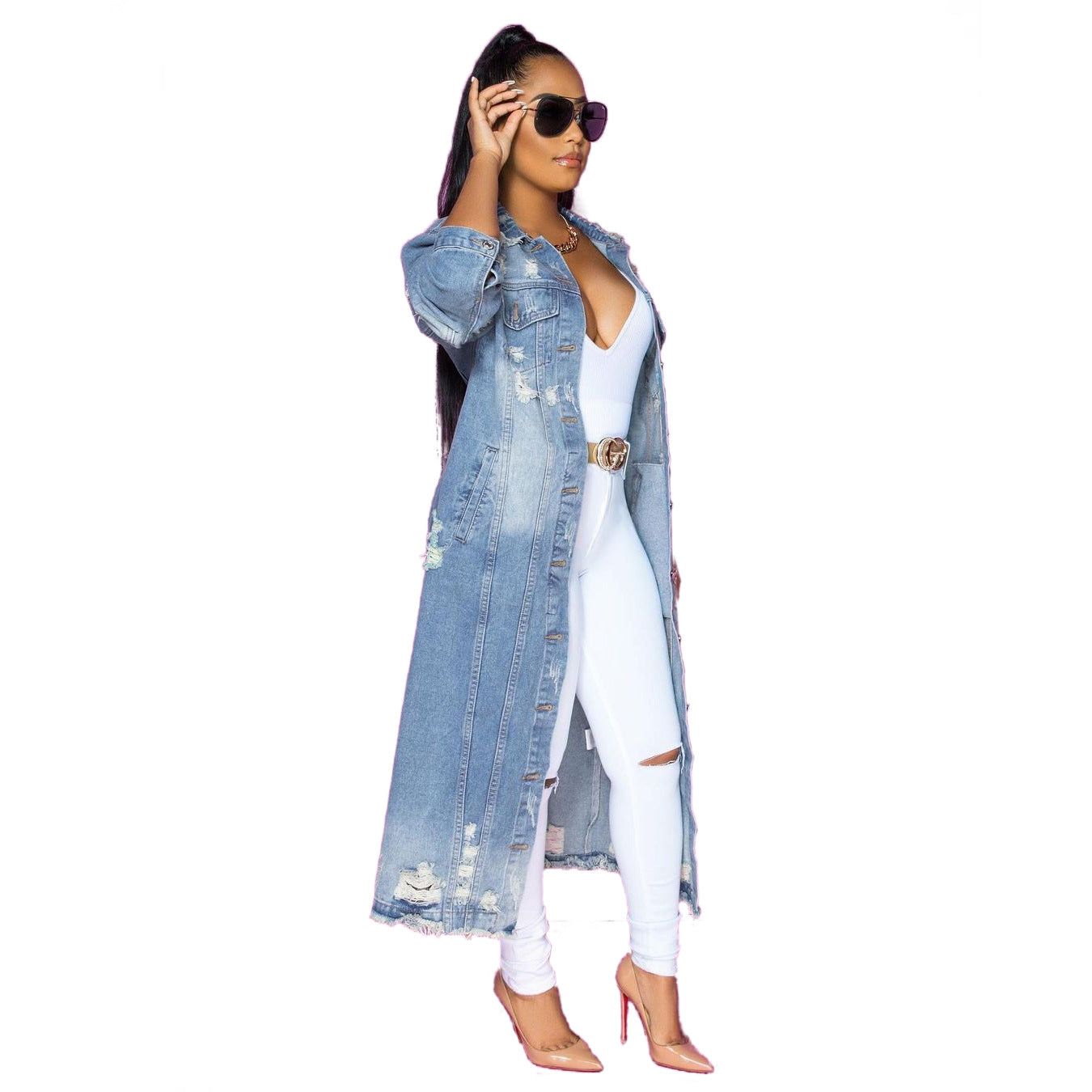 Long Cowboy Distressed Denim Jacket