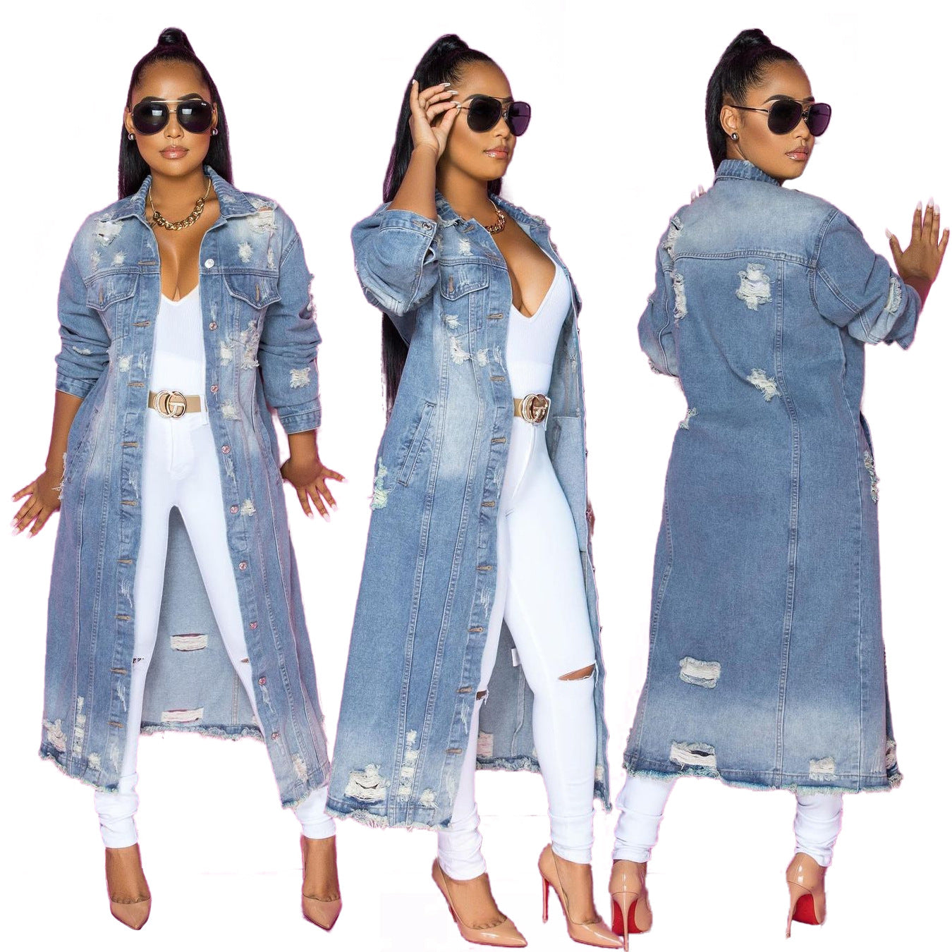 Long Cowboy Distressed Denim Jacket