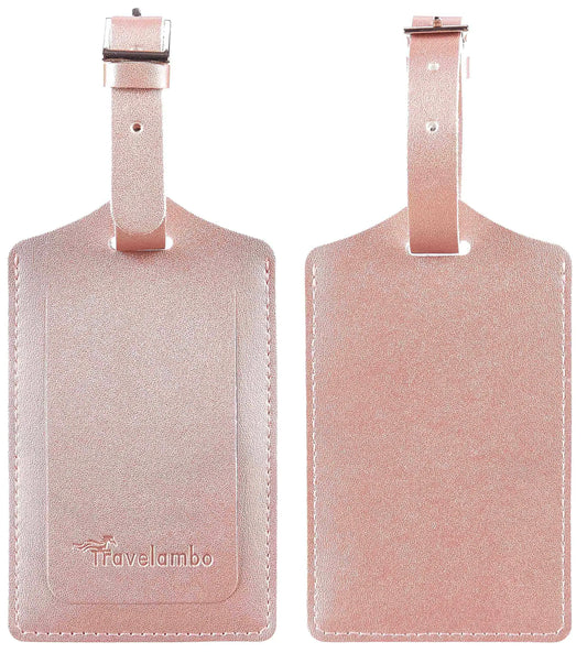 Travelambo Luggage Tags for Suitcases Faux Leather Privacy Protection 2 Pack Bag Tags Travel Accessories Essential, Rose Gold